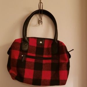 Red and black tote bag.